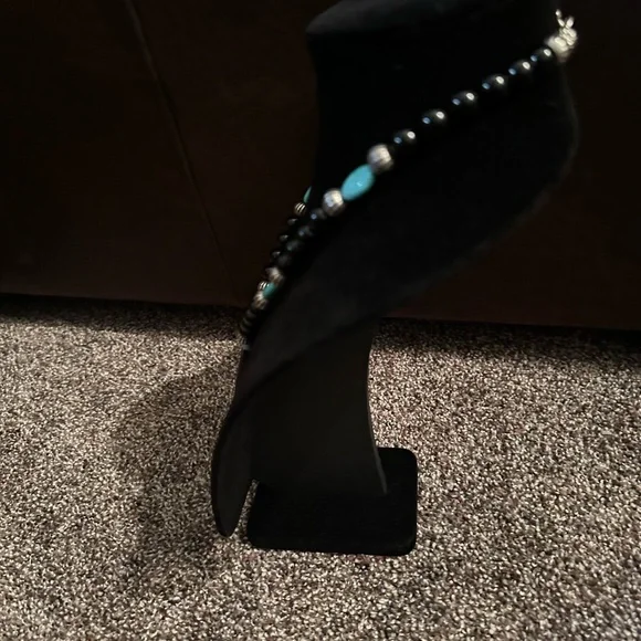 Hand Crafted Black Onyx,Turquoise & Sterling Silver Beaded Necklace - Picture 2 of 4